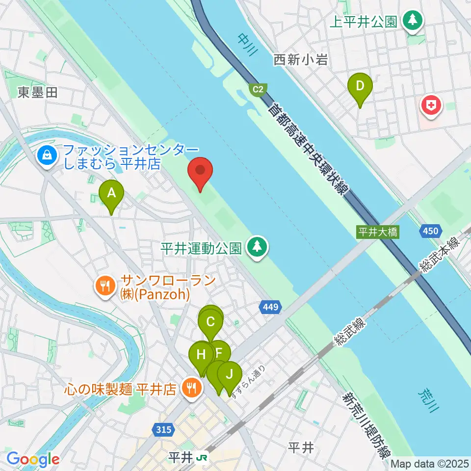 平井少年野球場周辺のファミレス・ファーストフード一覧地図