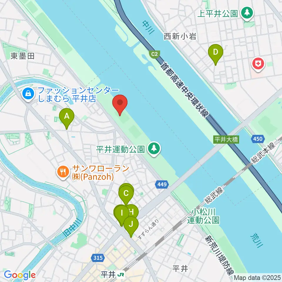 平井少年野球場周辺のファミレス・ファーストフード一覧地図