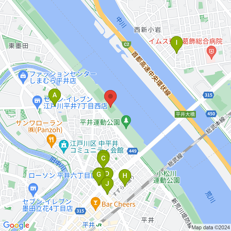 平井少年サッカー場周辺のファミレス・ファーストフード一覧地図