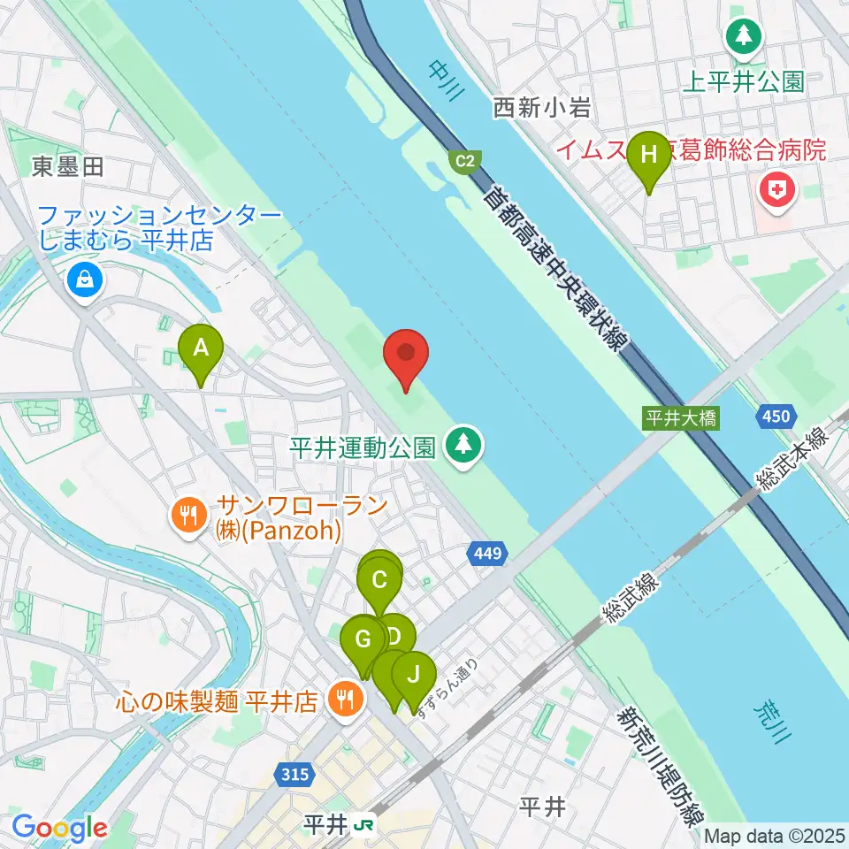 平井少年サッカー場周辺のファミレス・ファーストフード一覧地図