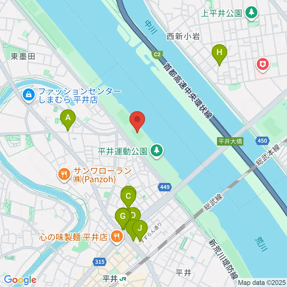 平井少年サッカー場周辺のファミレス・ファーストフード一覧地図