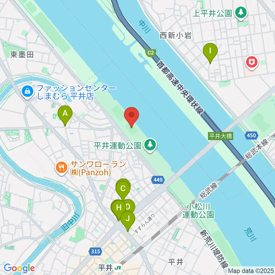 平井少年サッカー場周辺のファミレス・ファーストフード一覧地図