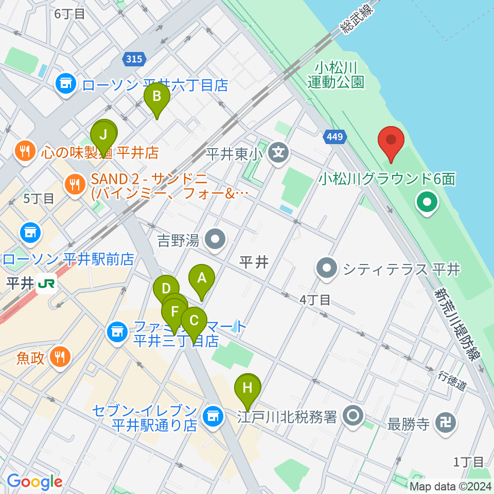 小松川ソフトボール場周辺のファミレス・ファーストフード一覧地図