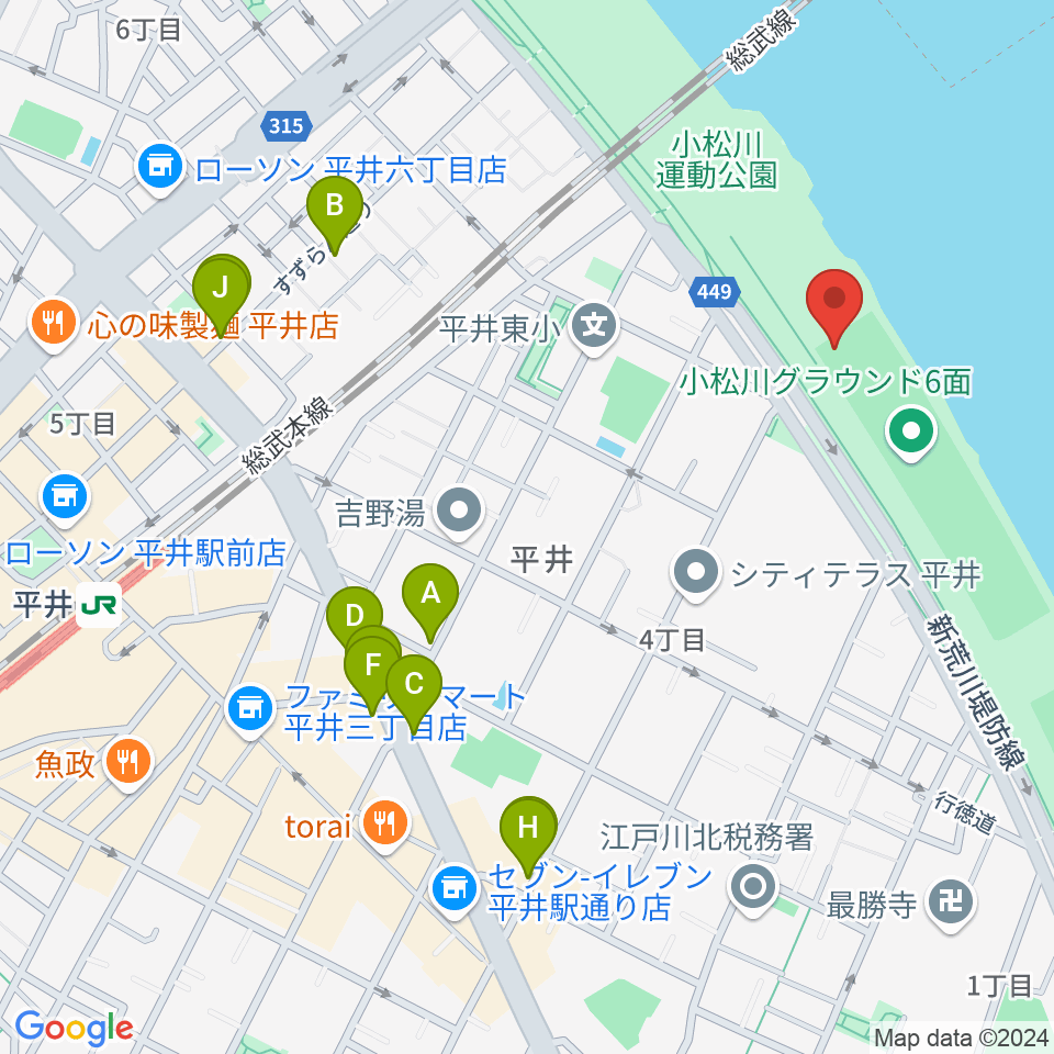 小松川ソフトボール場周辺のファミレス・ファーストフード一覧地図