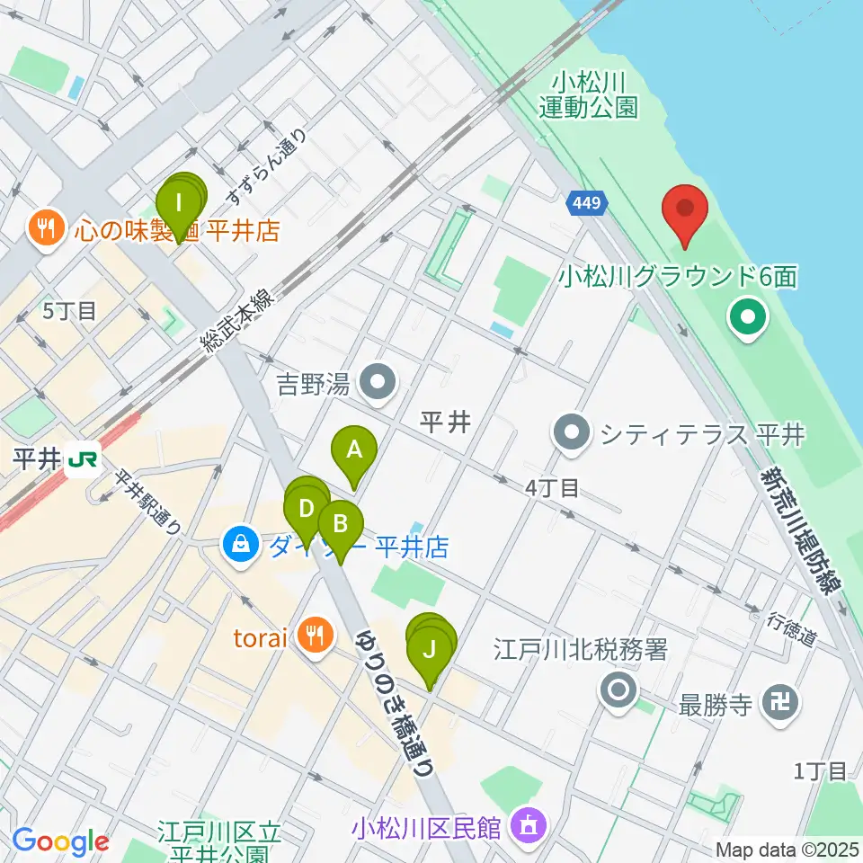 小松川ソフトボール場周辺のファミレス・ファーストフード一覧地図