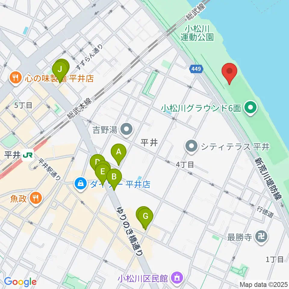 小松川ソフトボール場周辺のファミレス・ファーストフード一覧地図