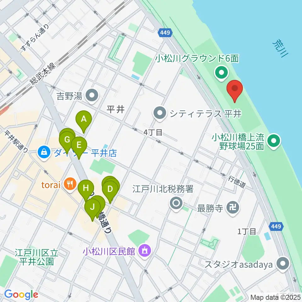 小松川少年野球場周辺のファミレス・ファーストフード一覧地図
