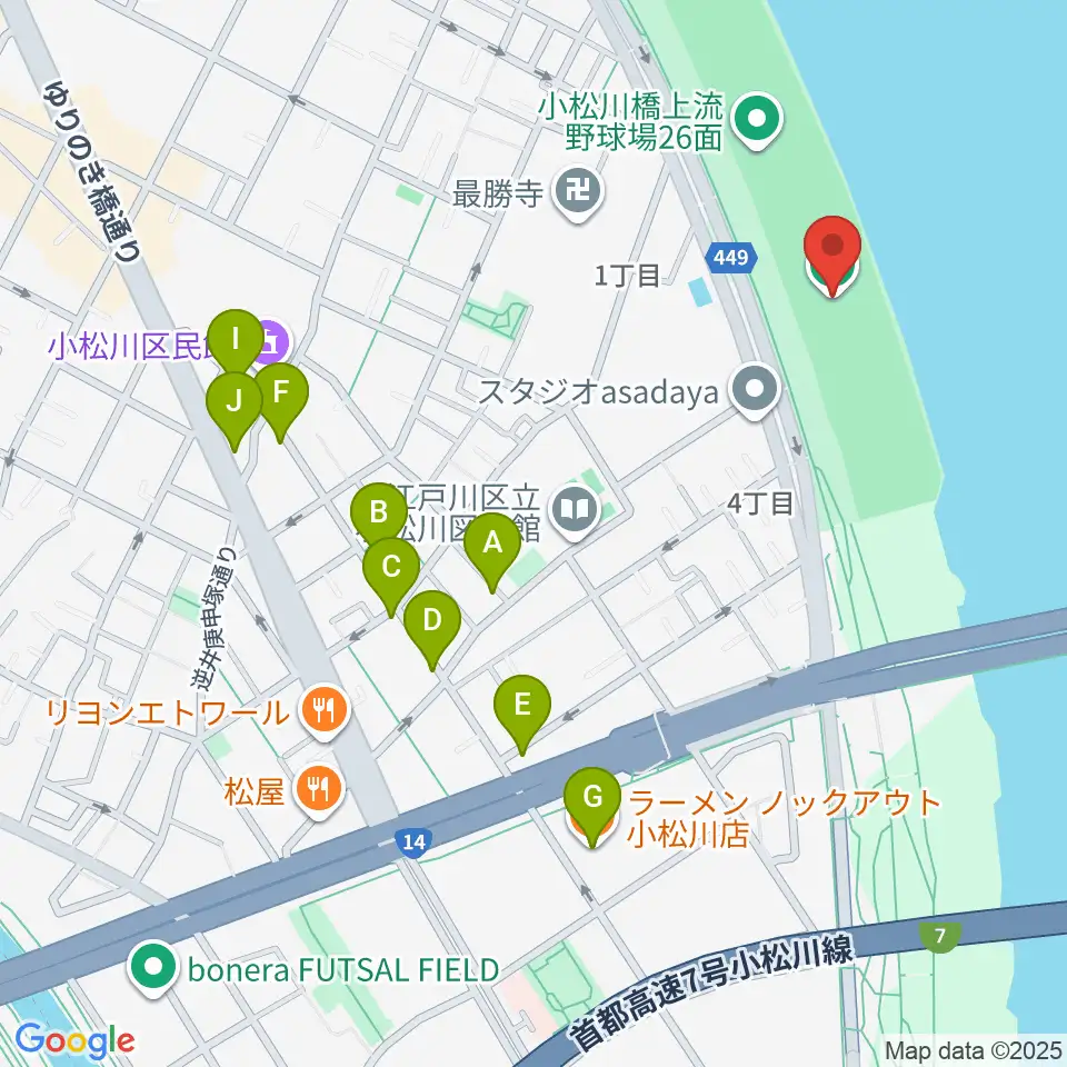 小松川橋上流野球場周辺のファミレス・ファーストフード一覧地図