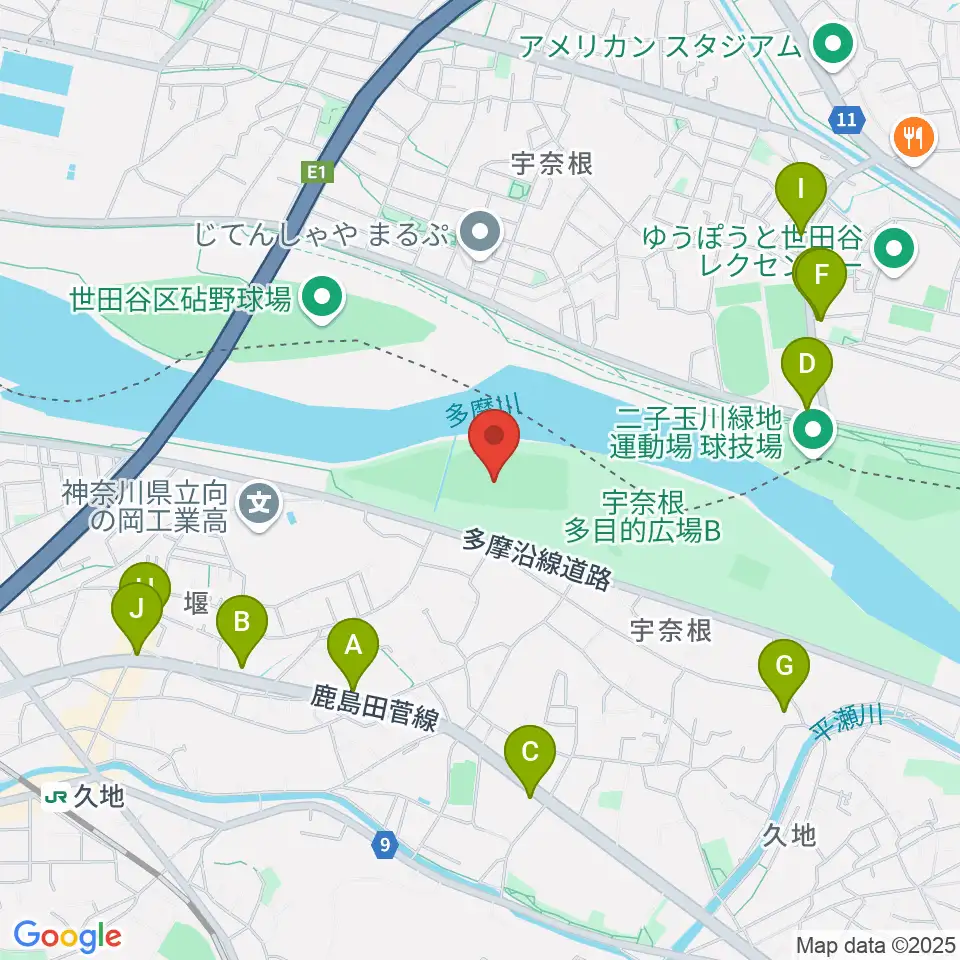 宇奈根野球場周辺のファミレス・ファーストフード一覧地図