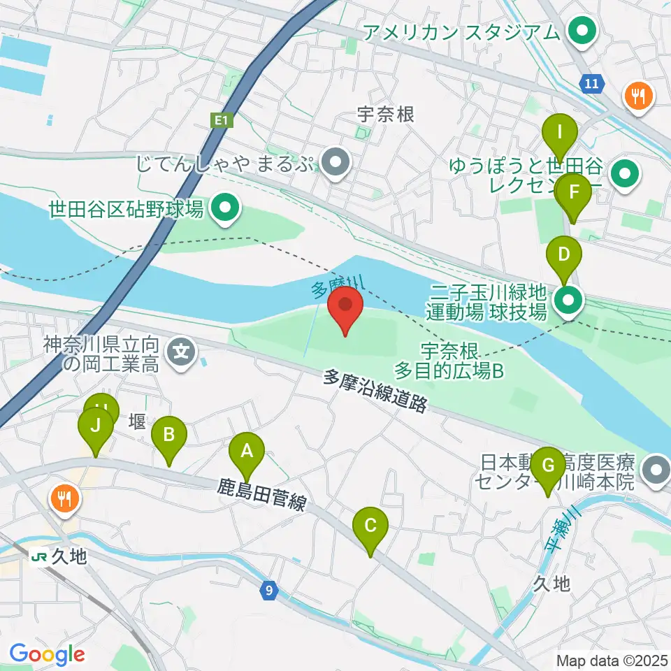 宇奈根野球場周辺のファミレス・ファーストフード一覧地図