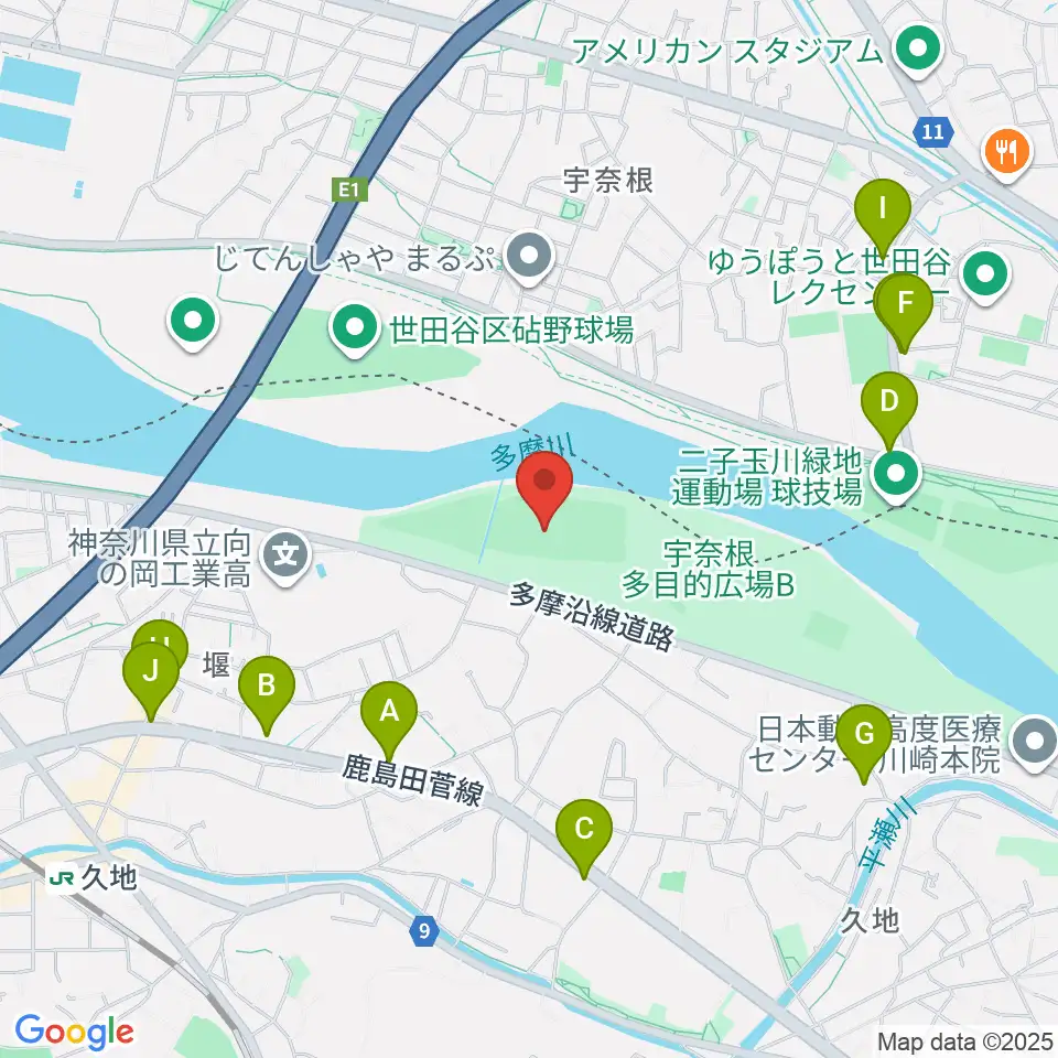 宇奈根野球場周辺のファミレス・ファーストフード一覧地図