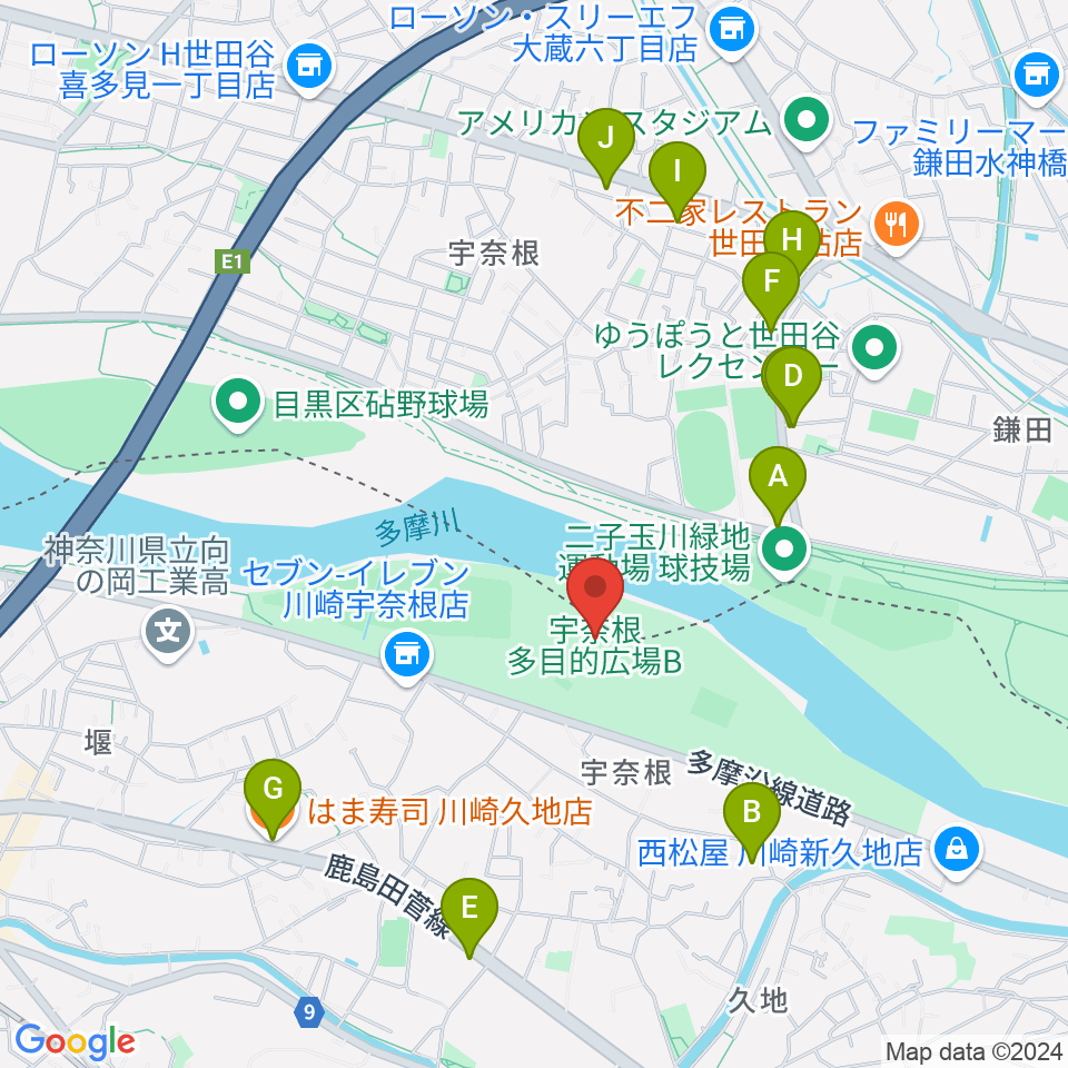 宇奈根多目的広場周辺のファミレス・ファーストフード一覧地図