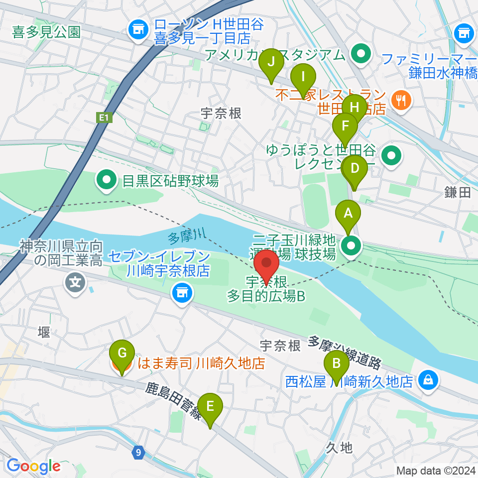 宇奈根多目的広場周辺のファミレス・ファーストフード一覧地図