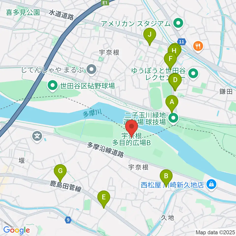 宇奈根多目的広場周辺のファミレス・ファーストフード一覧地図