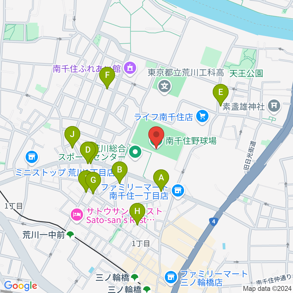 南千住野球場周辺のファミレス・ファーストフード一覧地図