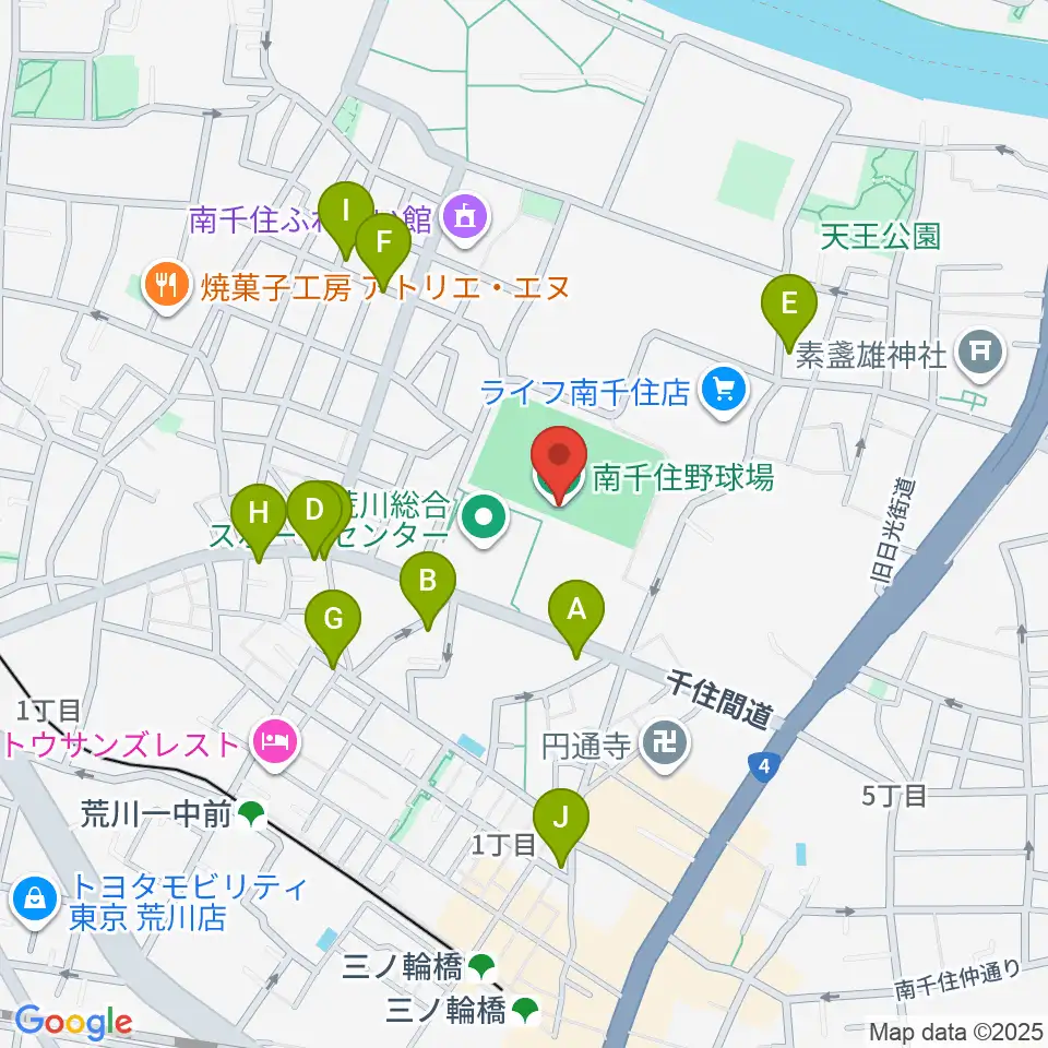 南千住野球場周辺のファミレス・ファーストフード一覧地図