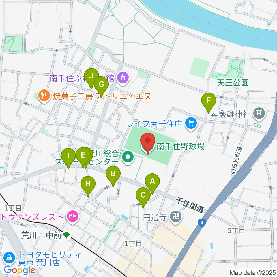 南千住野球場周辺のファミレス・ファーストフード一覧地図