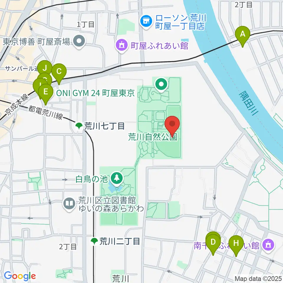 荒川自然公園野球場周辺のファミレス・ファーストフード一覧地図