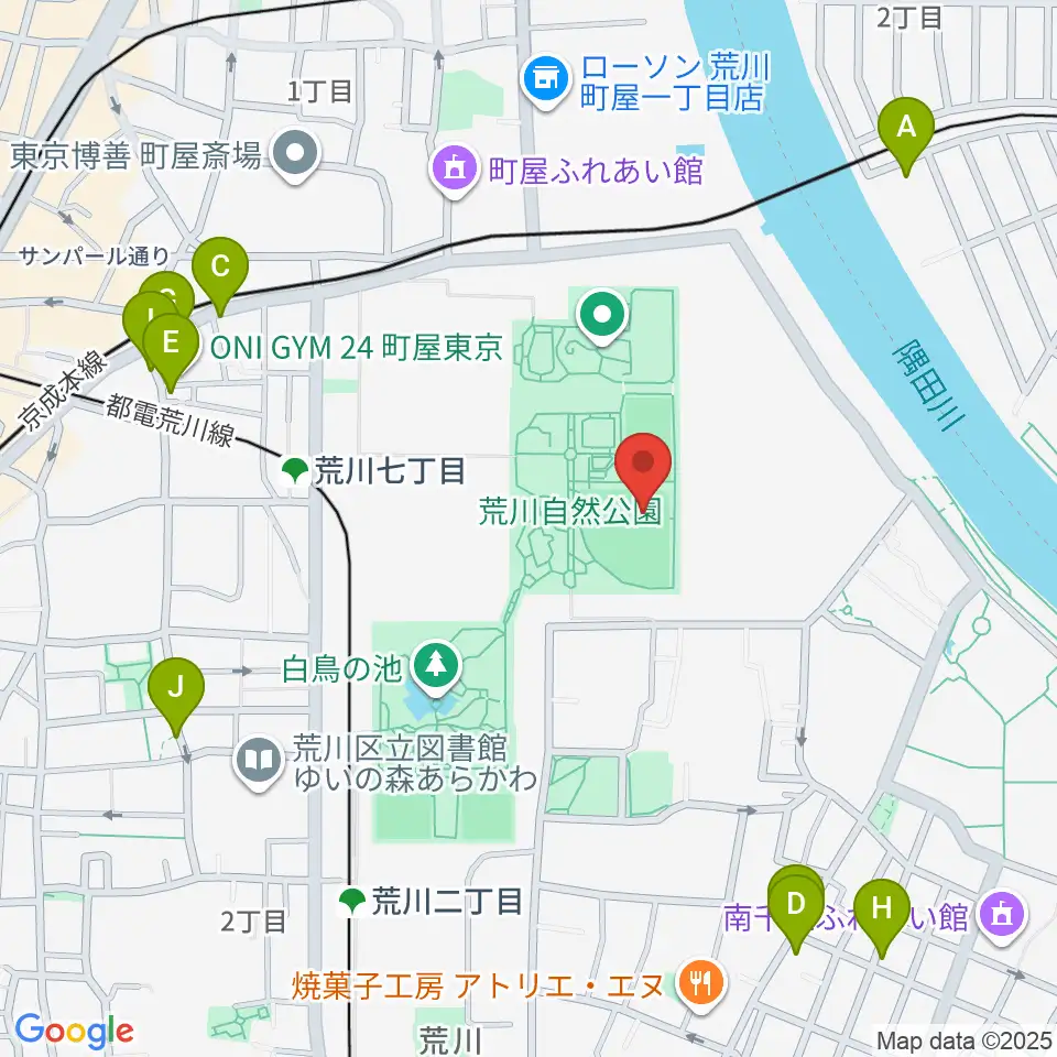 荒川自然公園野球場周辺のファミレス・ファーストフード一覧地図