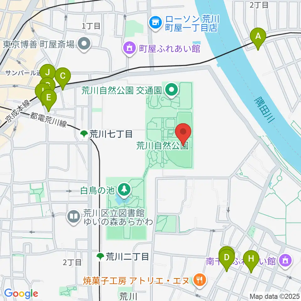 荒川自然公園野球場周辺のファミレス・ファーストフード一覧地図