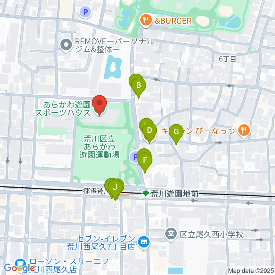 あらかわ遊園スポーツハウス周辺のファミレス・ファーストフード一覧地図