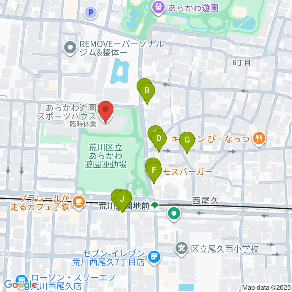 あらかわ遊園スポーツハウス周辺のファミレス・ファーストフード一覧地図