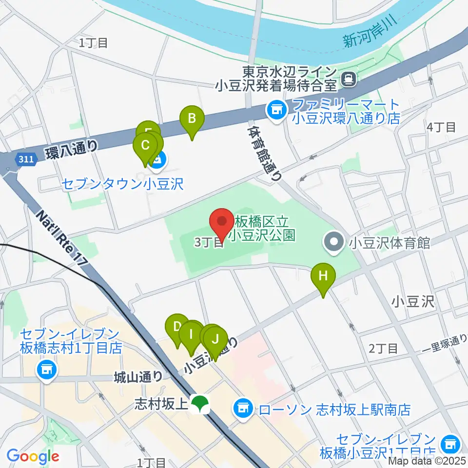小豆沢野球場周辺のファミレス・ファーストフード一覧地図