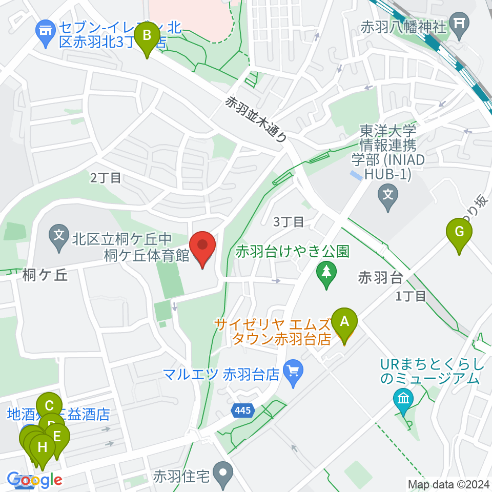 桐ケ丘体育館周辺のファミレス・ファーストフード一覧地図