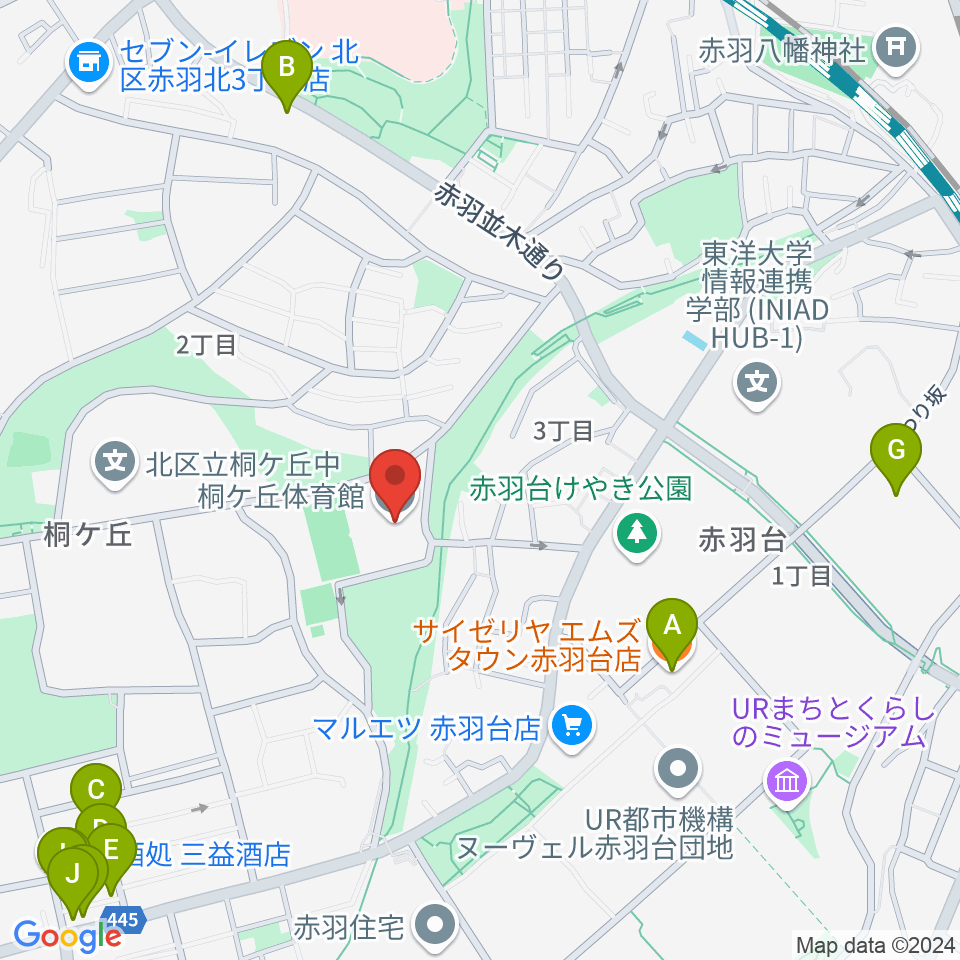 桐ケ丘体育館周辺のファミレス・ファーストフード一覧地図