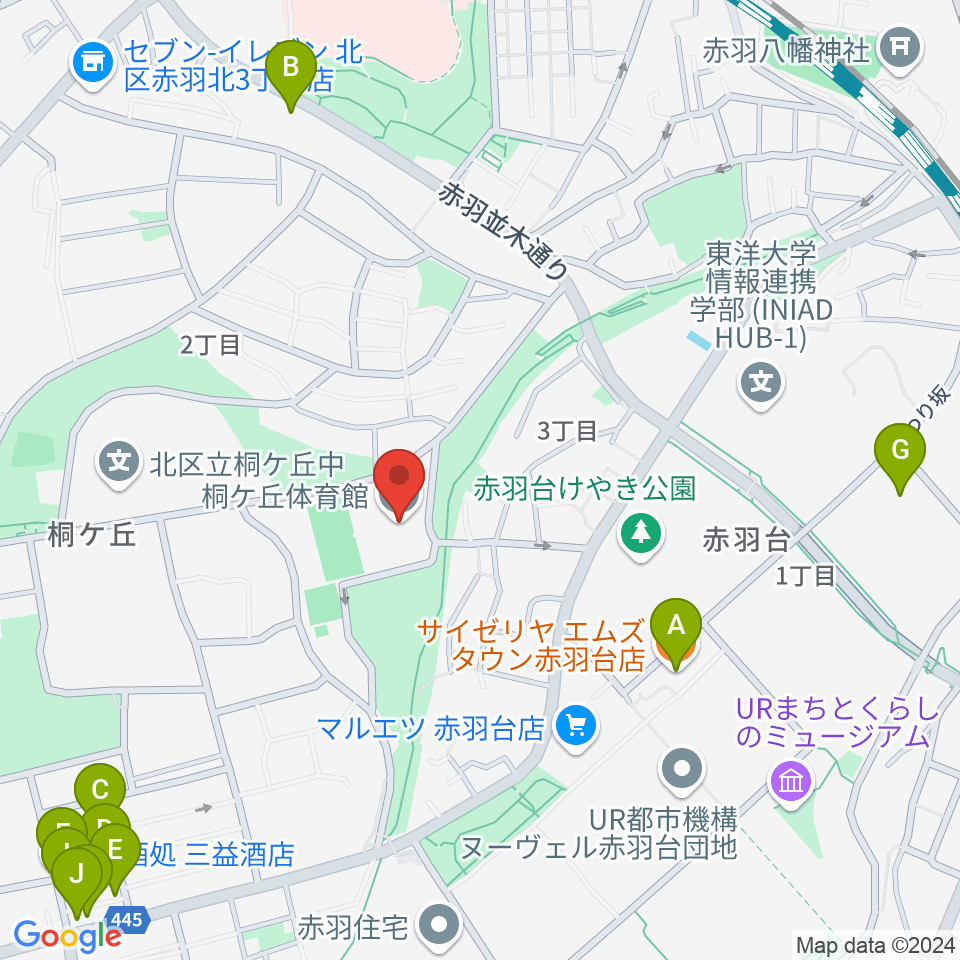 桐ケ丘体育館周辺のファミレス・ファーストフード一覧地図