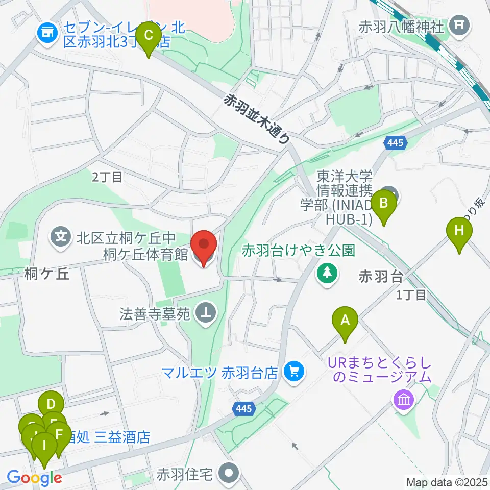 桐ケ丘体育館周辺のファミレス・ファーストフード一覧地図