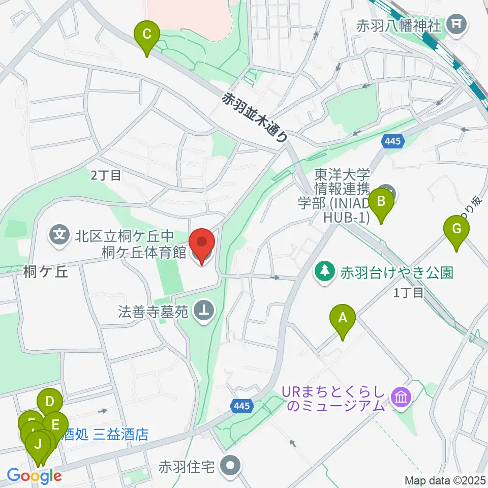 桐ケ丘体育館周辺のファミレス・ファーストフード一覧地図