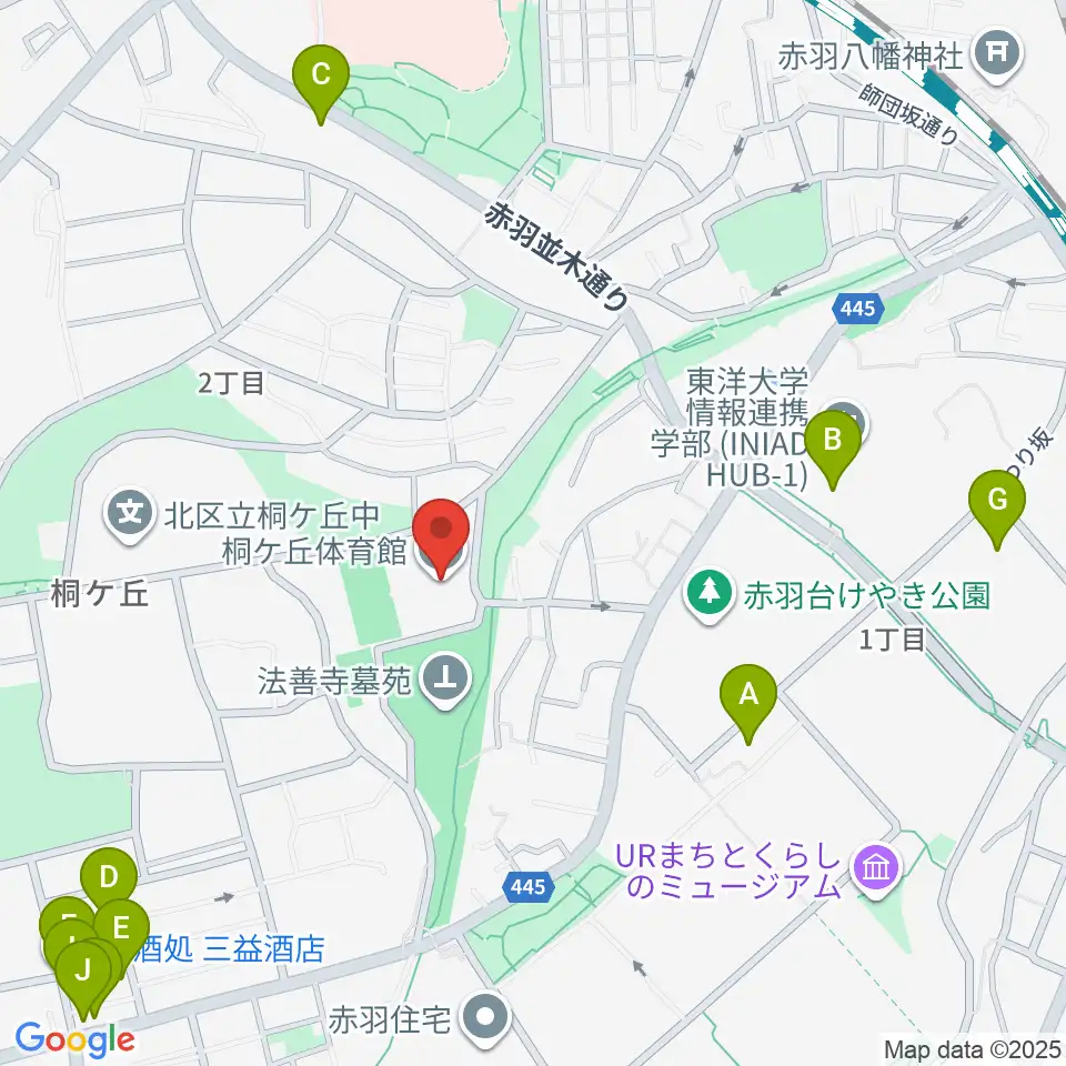 桐ケ丘体育館周辺のファミレス・ファーストフード一覧地図