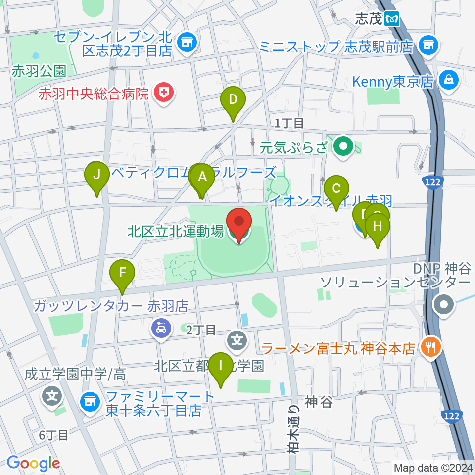 北区立北運動場周辺のファミレス・ファーストフード一覧地図