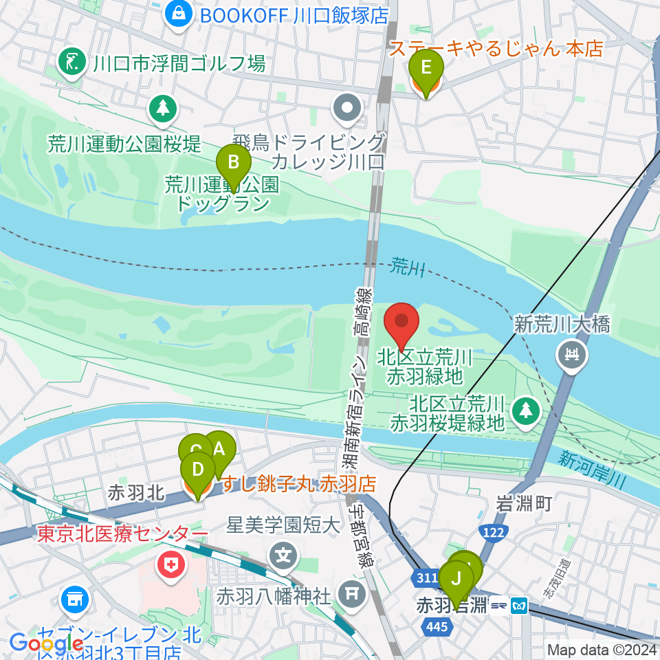 新荒川大橋野球場周辺のファミレス・ファーストフード一覧地図