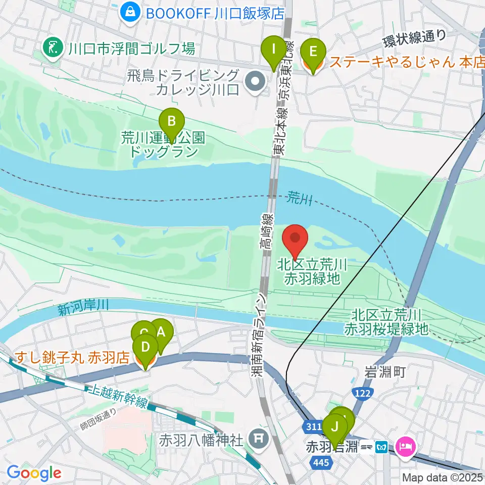 新荒川大橋野球場周辺のファミレス・ファーストフード一覧地図