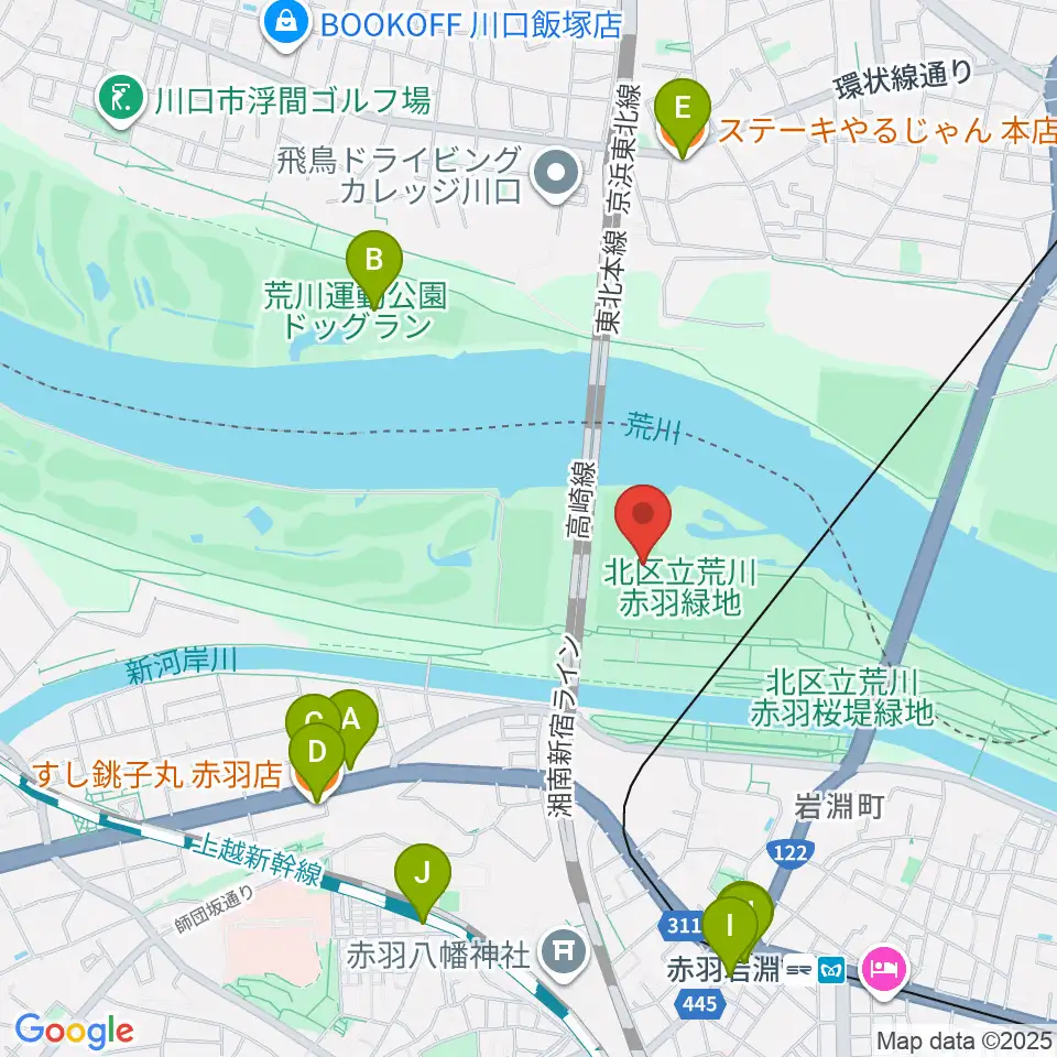 新荒川大橋野球場周辺のファミレス・ファーストフード一覧地図