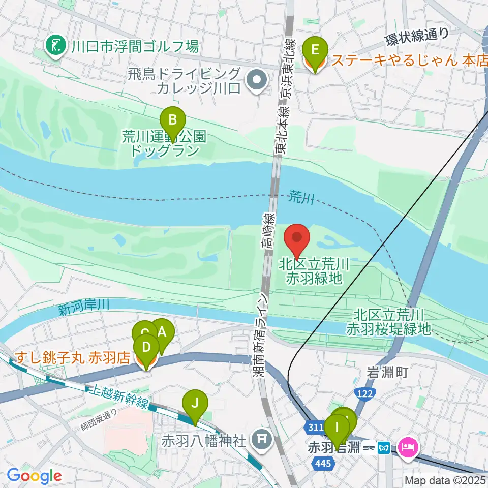 新荒川大橋野球場周辺のファミレス・ファーストフード一覧地図