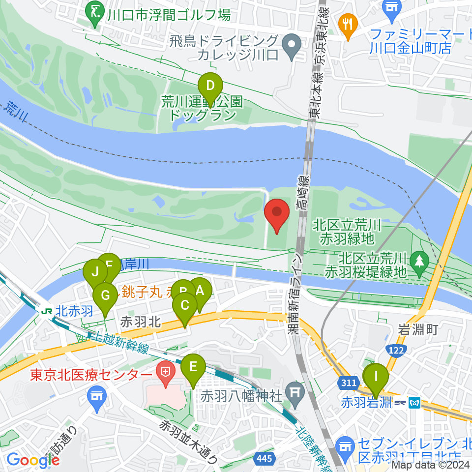 新荒川大橋サッカー場周辺のファミレス・ファーストフード一覧地図