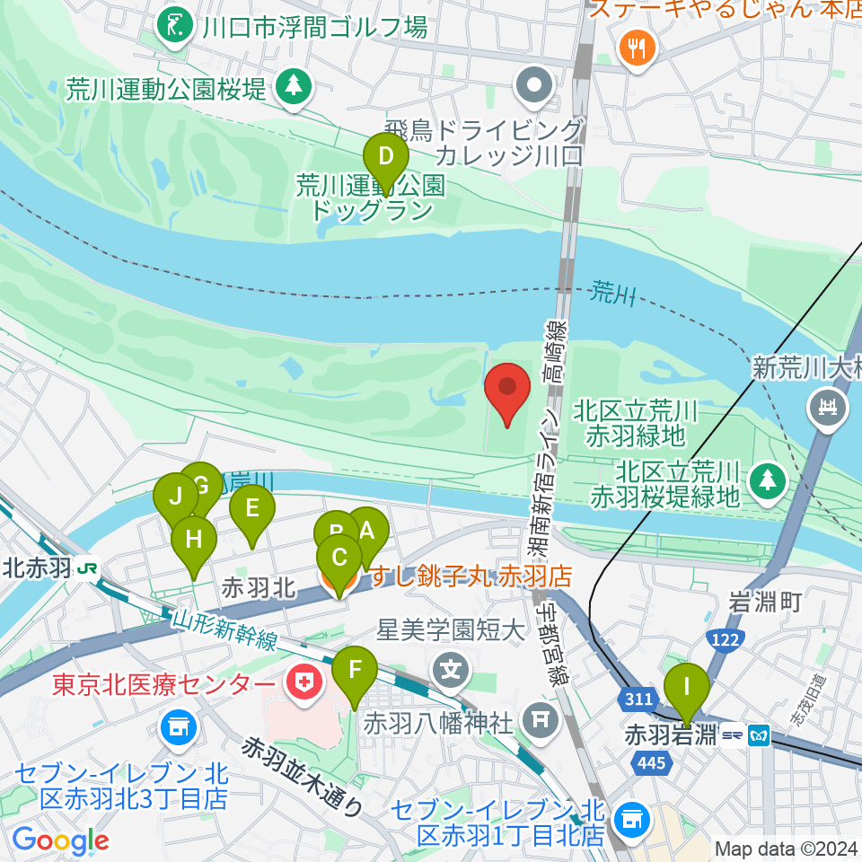 新荒川大橋サッカー場周辺のファミレス・ファーストフード一覧地図