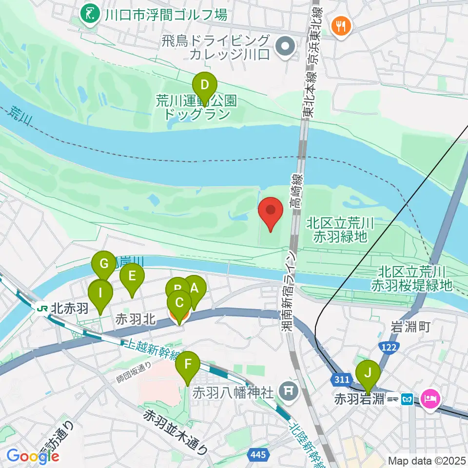 新荒川大橋サッカー場周辺のファミレス・ファーストフード一覧地図