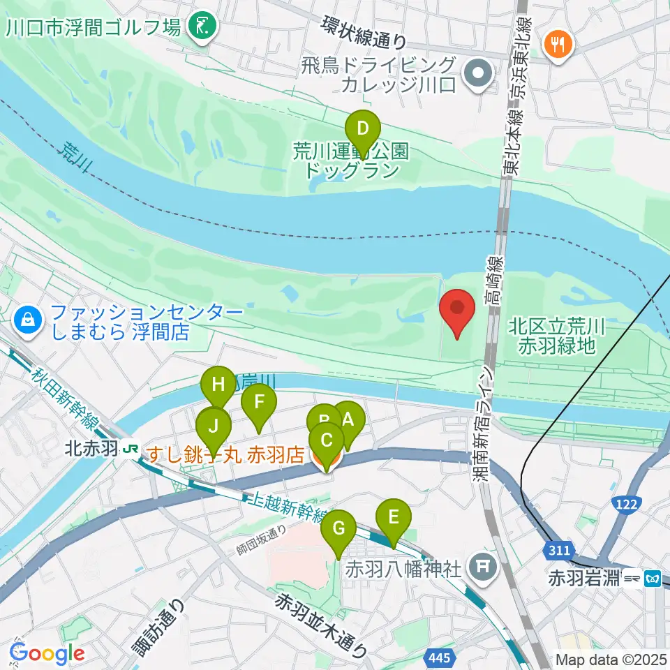 新荒川大橋サッカー場周辺のファミレス・ファーストフード一覧地図