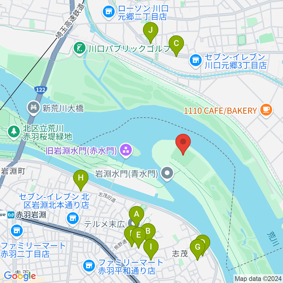 岩淵水門野球場周辺のファミレス・ファーストフード一覧地図