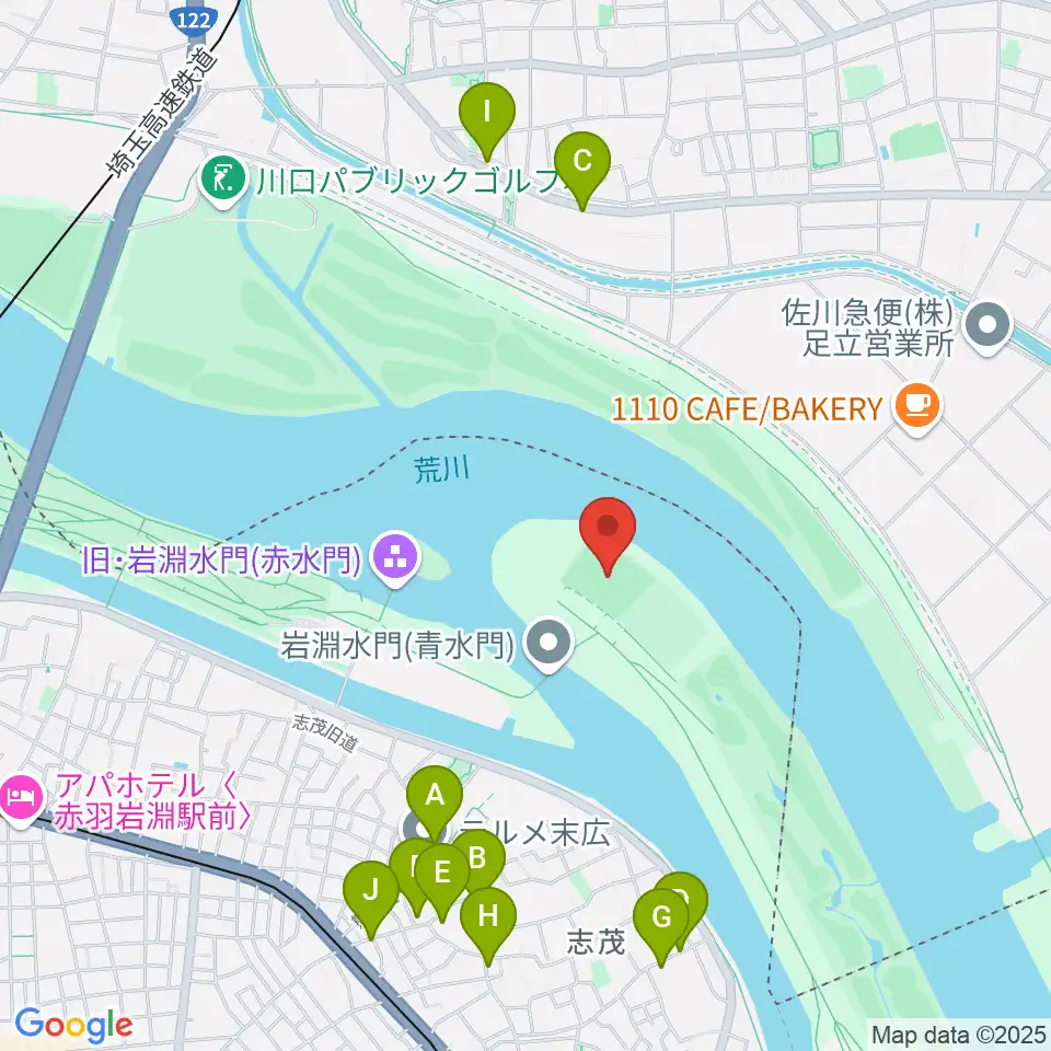 岩淵水門野球場周辺のファミレス・ファーストフード一覧地図