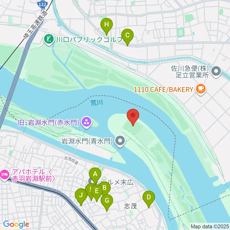 岩淵水門野球場周辺のファミレス・ファーストフード一覧地図