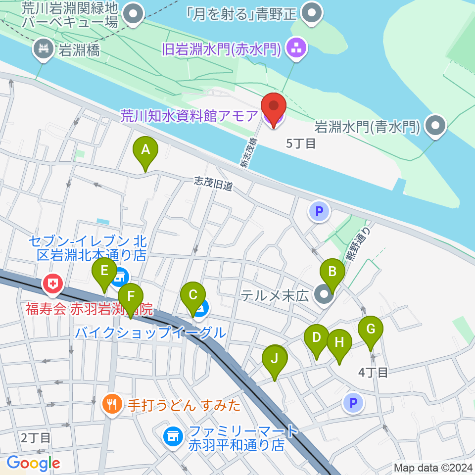 荒川知水資料館amoa周辺のファミレス・ファーストフード一覧地図