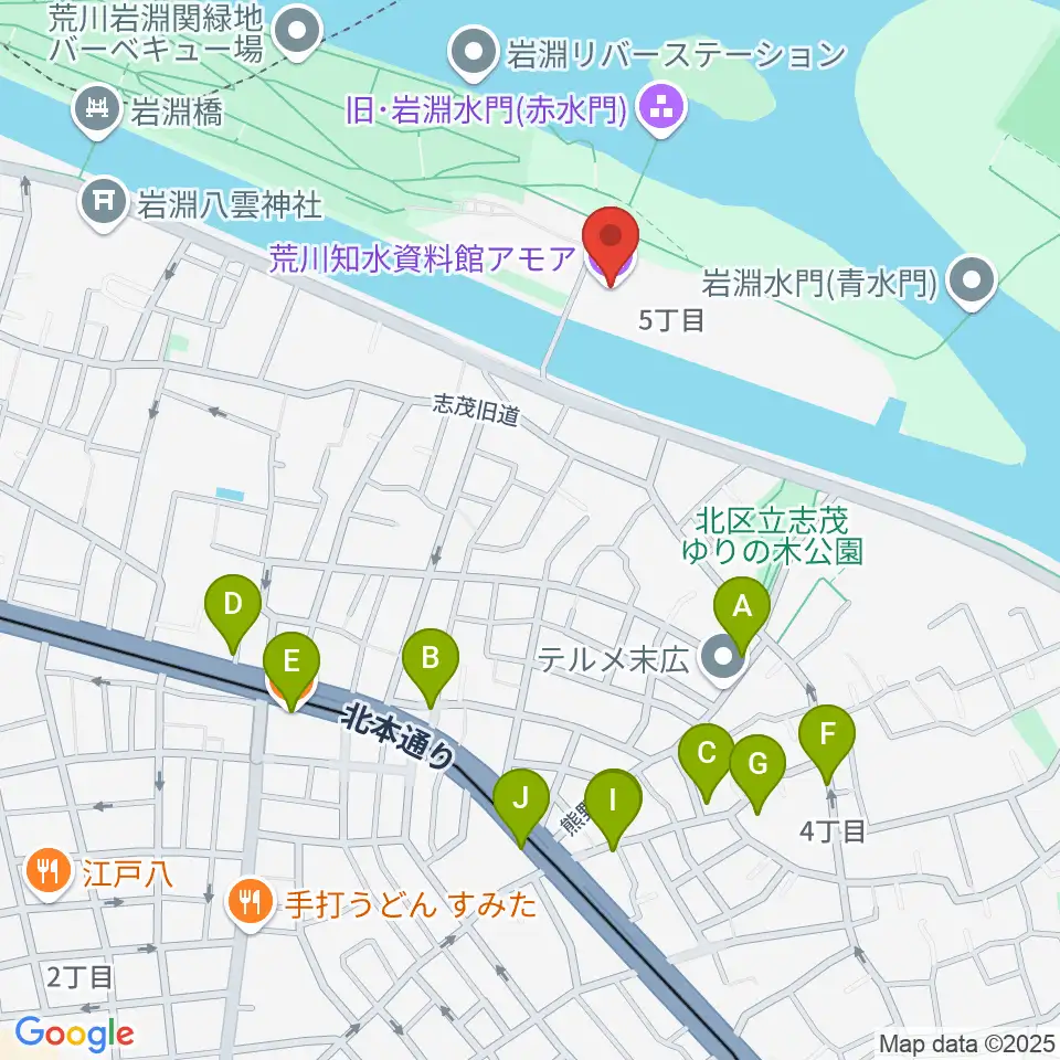 荒川知水資料館amoa周辺のファミレス・ファーストフード一覧地図