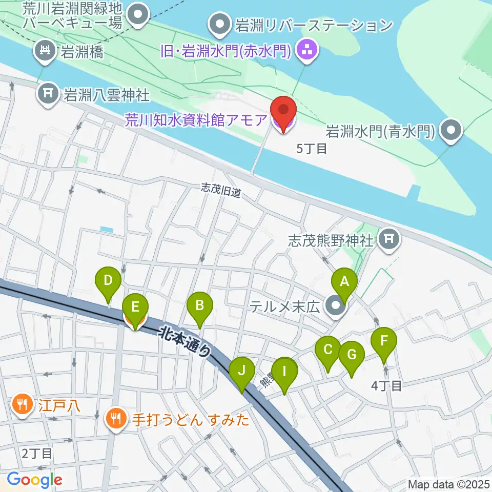 荒川知水資料館amoa周辺のファミレス・ファーストフード一覧地図
