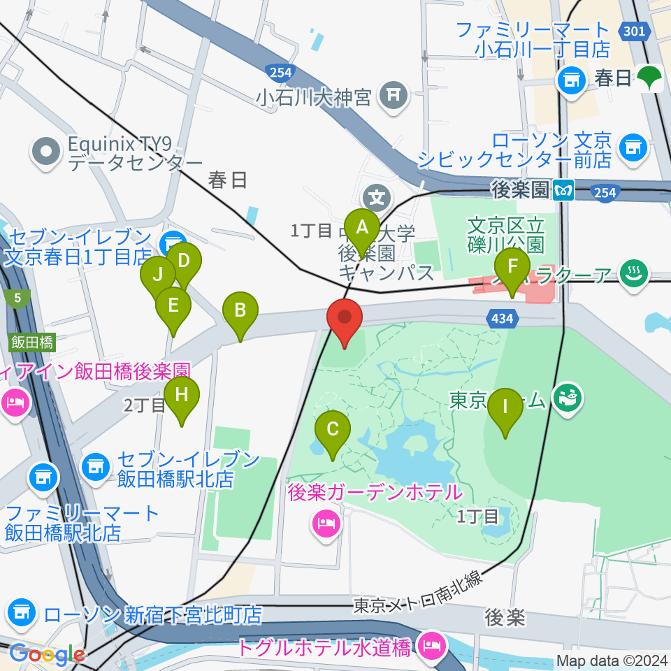 後楽公園少年野球場周辺のファミレス・ファーストフード一覧地図