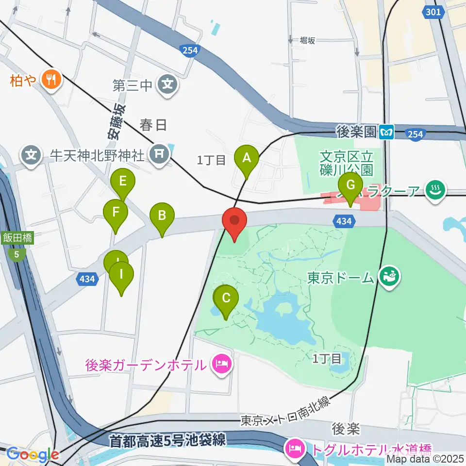 後楽公園少年野球場周辺のファミレス・ファーストフード一覧地図